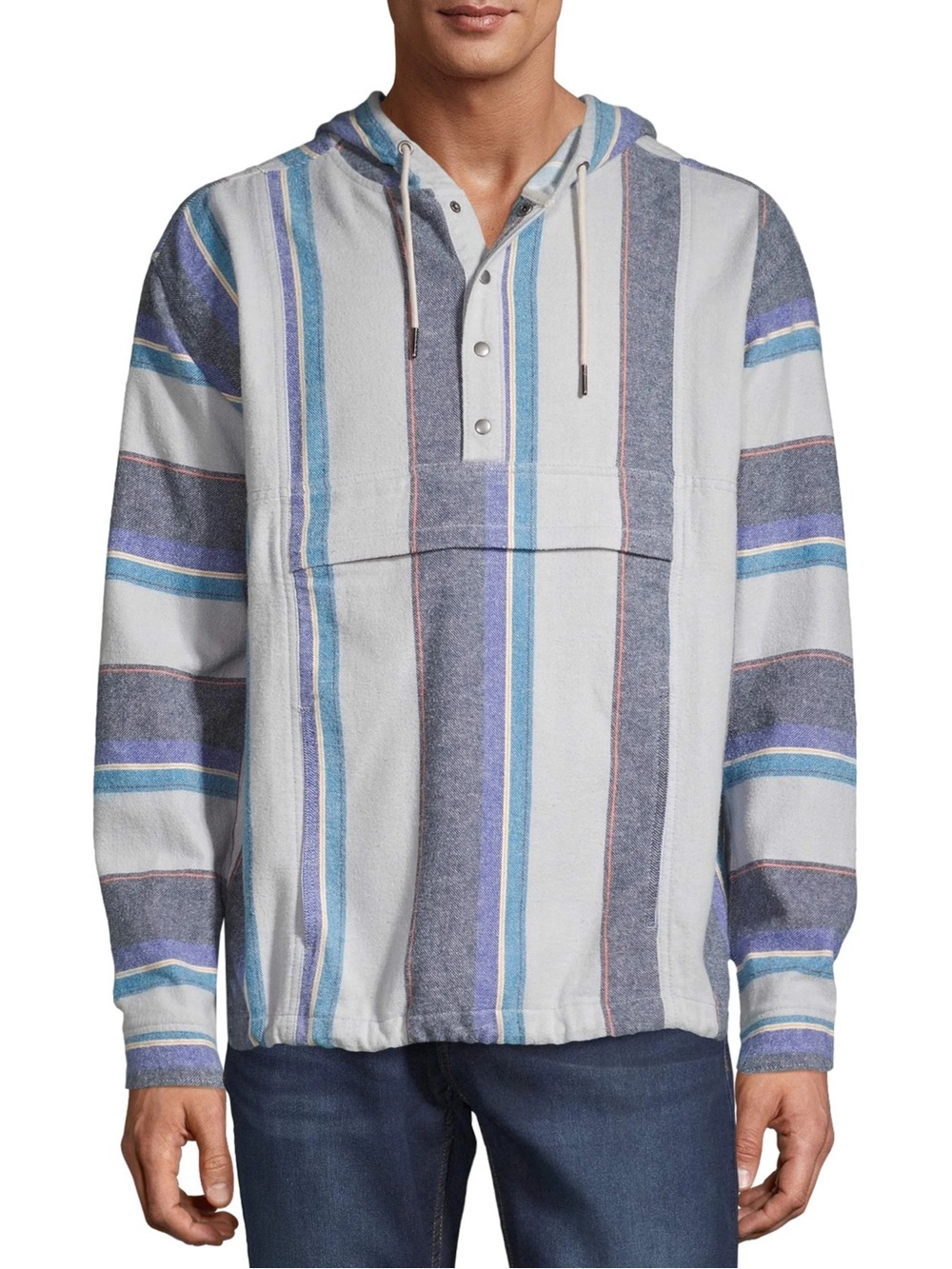Vintage Men’s Striped Baja Hooded Pullover - Blue White Gray Size M